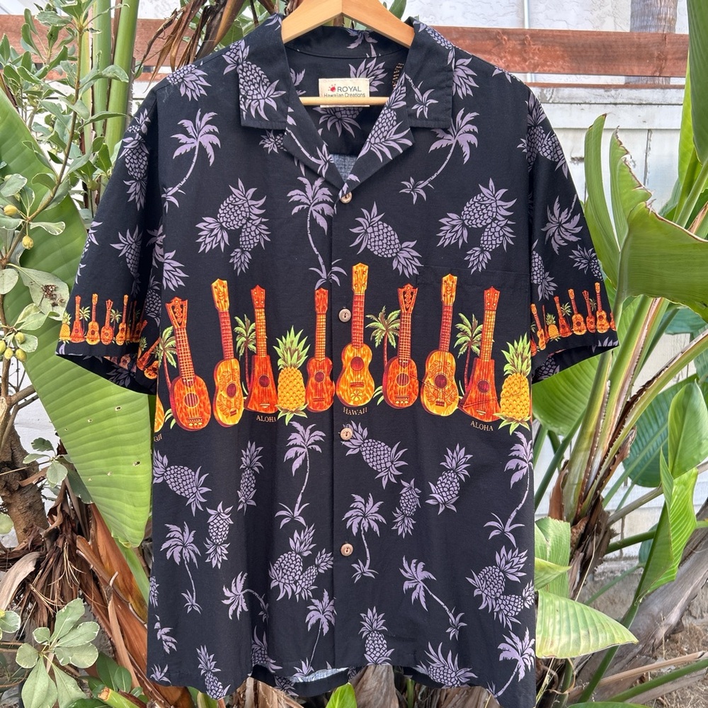 Vintage 90s Royal Hawaiian Creations Ukelele Hawaiian Shirt Sz XL All Over Print